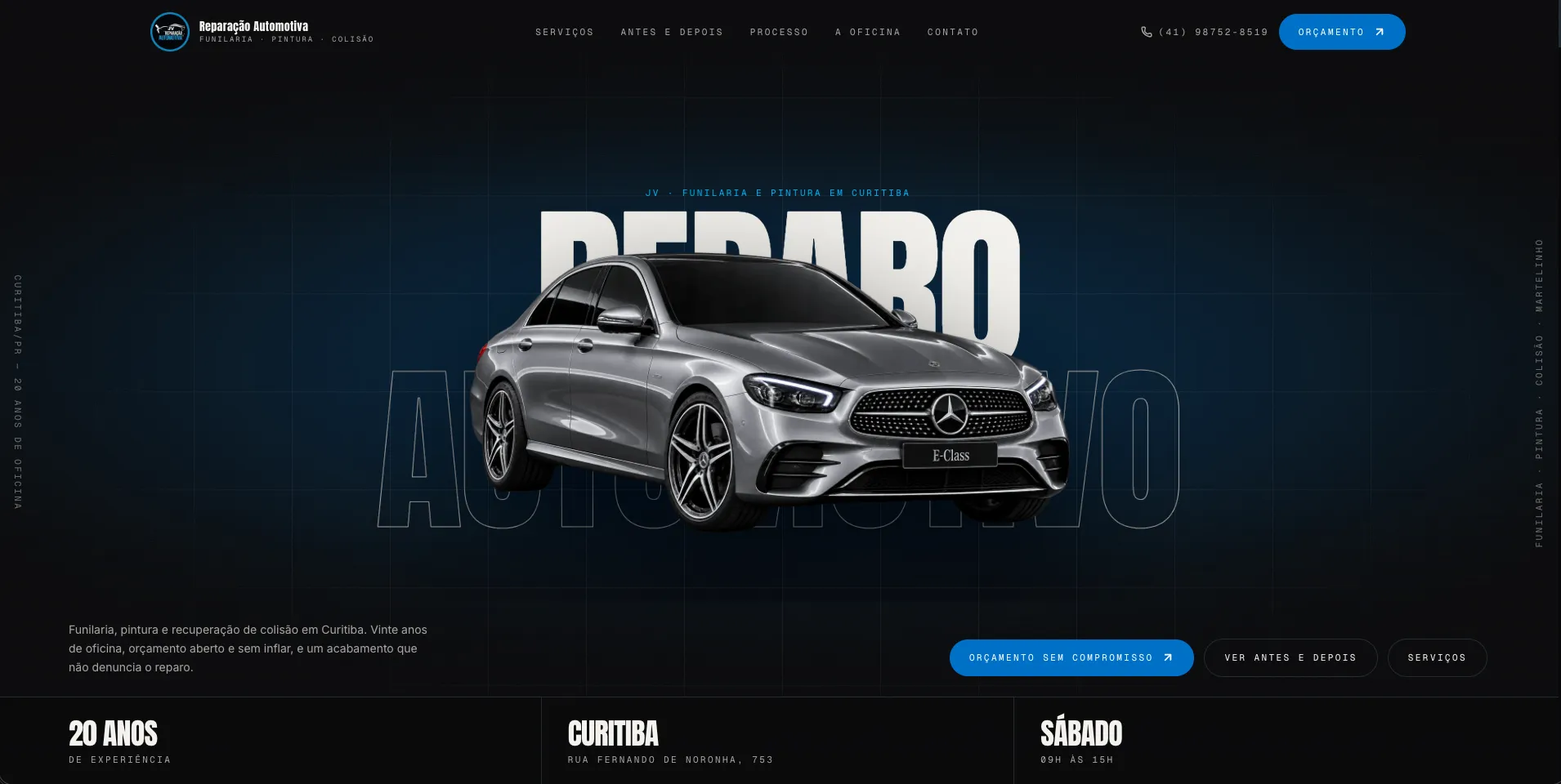 Página inicial do site da JV Reparação Automotiva: o título "Reparo Automotivo" sobre um Mercedes prata, em fundo escuro